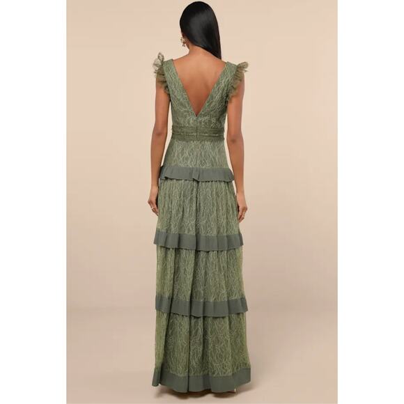 Lulus Marvelous Darling Olive Lace Ruffled Tiered Maxi Dress NEW Medium Prom - Picture 2 of 11